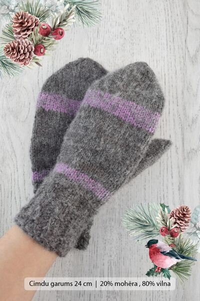 Gray knitted mittens with stripes