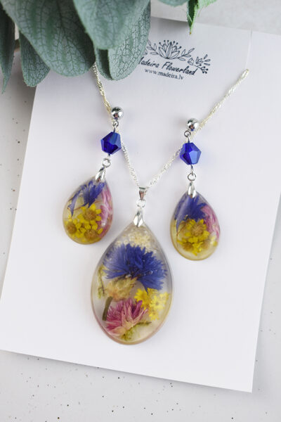 Teardrop Jewelry Set with Real Cornflower