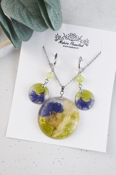 Transparent jewelry set with cornflower, moss & rye 